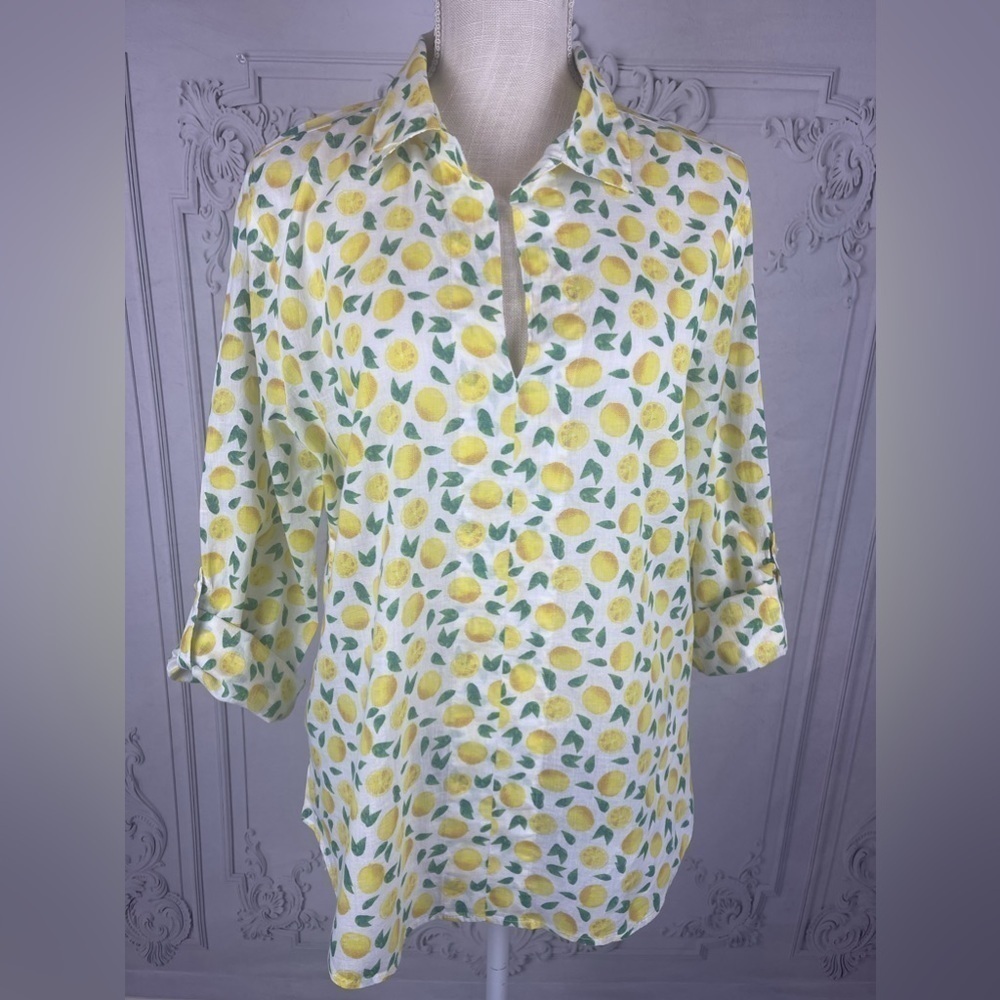 Casual V-Neck Cuffed Long Sleeves Cotton Blouse A-Line Lemon Print - Picture 7 of 11